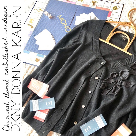Donna Karan Sweaters - DKNY Donna Karen New York Charcoal Black Floral Embellished Cardigan